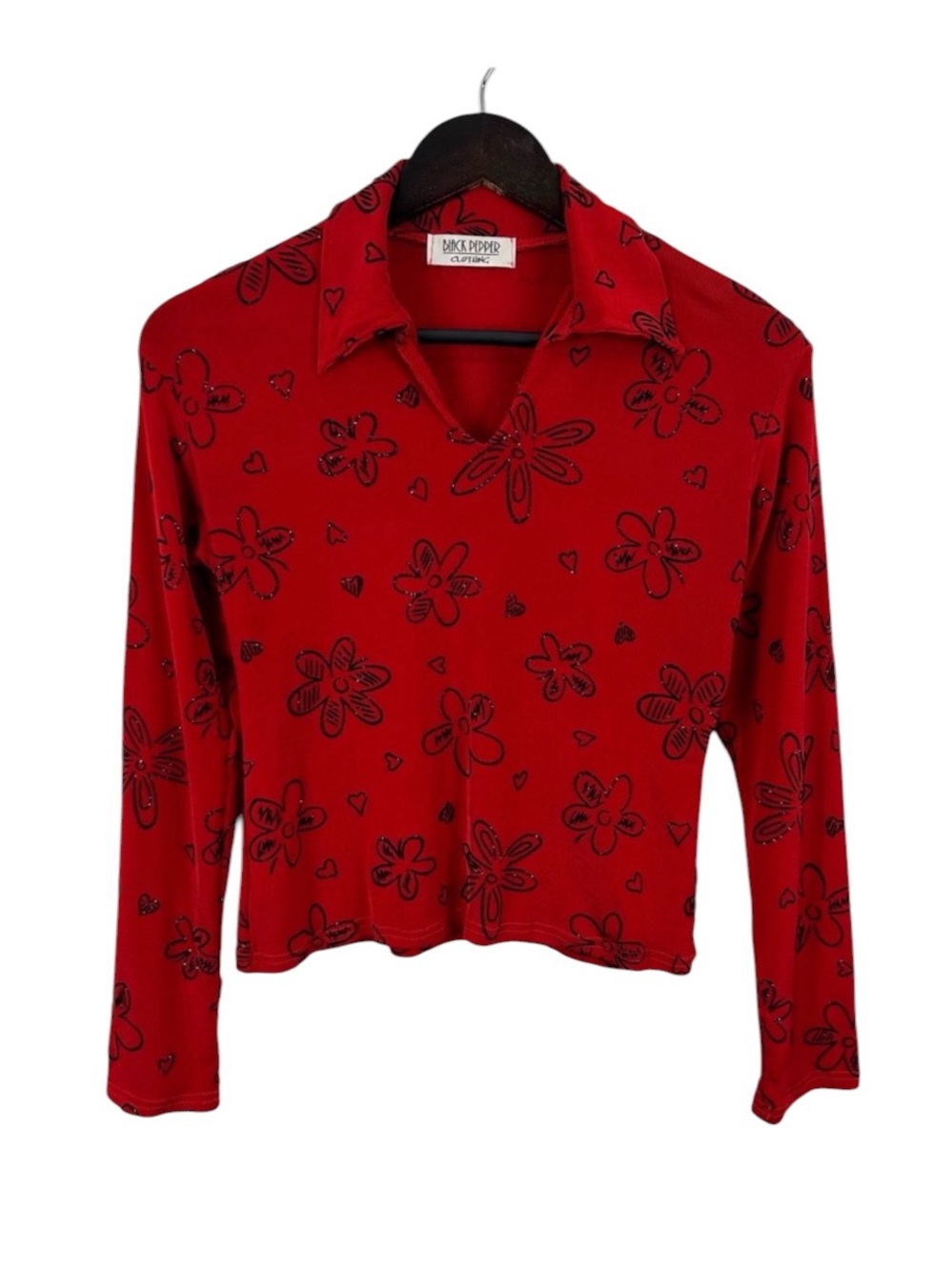 Black Pepper Red Floral Long-Sleeve Top Size X-Small Y2K VTG